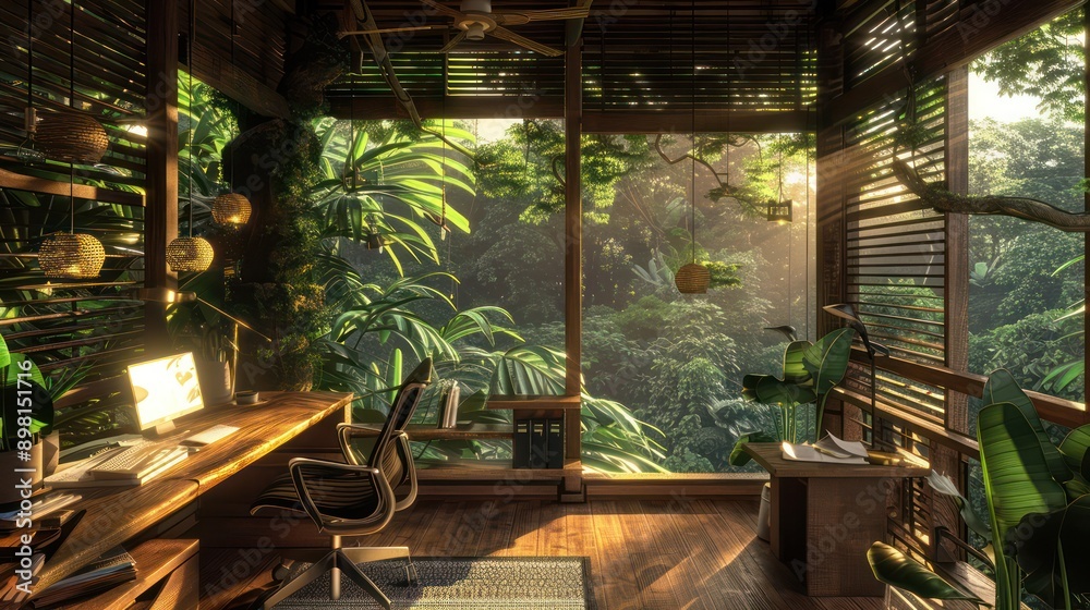 Fototapeta premium secluded workspace in a treehouse, featuring eco-friendly materials and a view over a dense, green forest