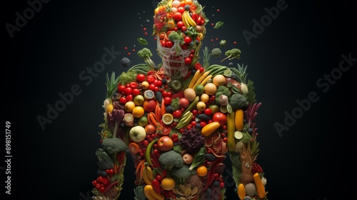 Fruits and vegetables forming a human body, metabolism, nutrition, eating diet, fitness, health, vitamins, digestion, supplements, health care, healthy lifestyle, healthy food.