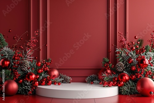 A white podium with Christmas decorations on a red background minimal mockup design