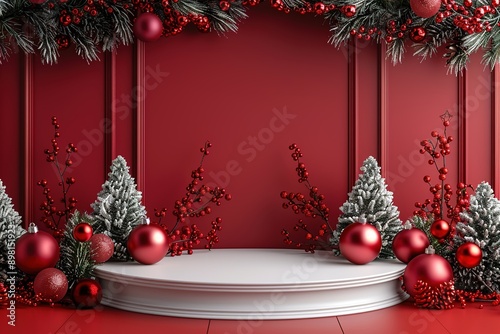 A white podium with Christmas decorations on a red background minimal mockup design