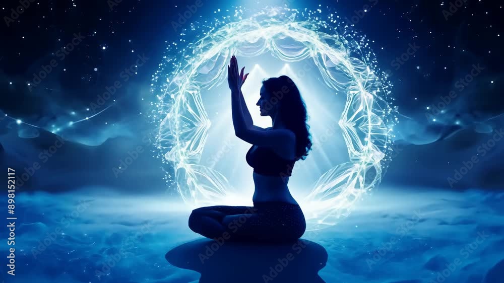 Woman Meditating Under a Glowing Circle in a Blue Sky at Night Woman Meditating Under a Glowing Circle in a Blue Sky at Night