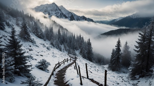 Mystical Mountain Paths. Dense fog, towering trees, and snow-capped peaks. Wander through the enchanting beauty of mystical mountain paths. photo