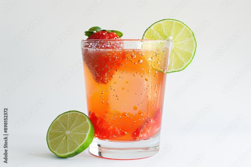 Fototapeta premium A chilled glass of strawberry daiquiri garnished with a fresh lime slice, isolated on white background