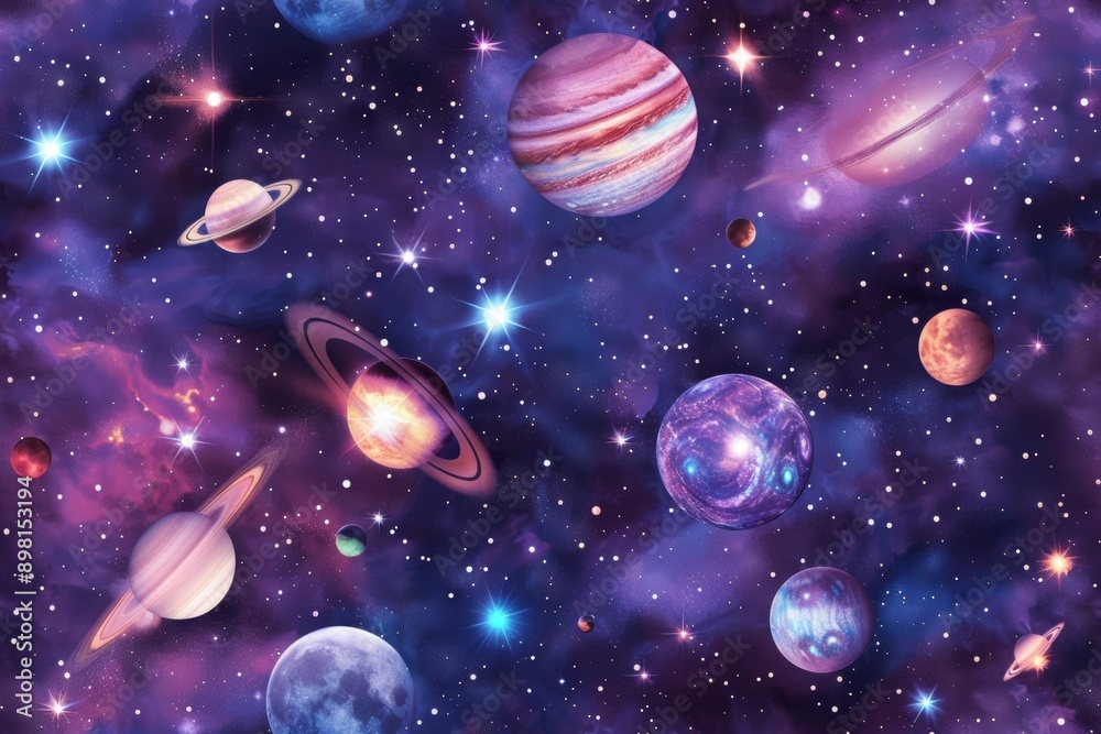 A space theme featuring stars and planets in a seamless cosmic pattern rendered in watercolor style evokes the wonder of the universe. A space theme featuring stars and planets in a seamless cosmic pattern rendered in watercolor style evokes the wonder of the universe.