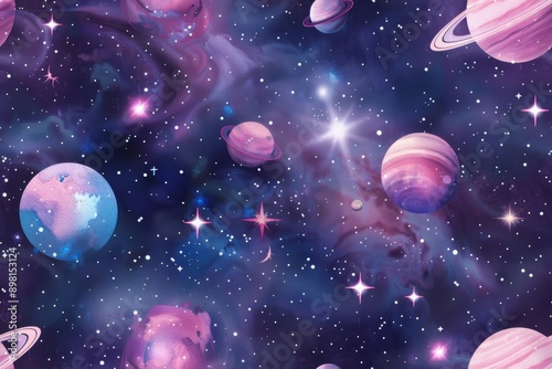 Wallpaper Mural A space theme featuring stars and planets in a seamless cosmic pattern rendered in watercolor style evokes the wonder of the universe. Torontodigital.ca