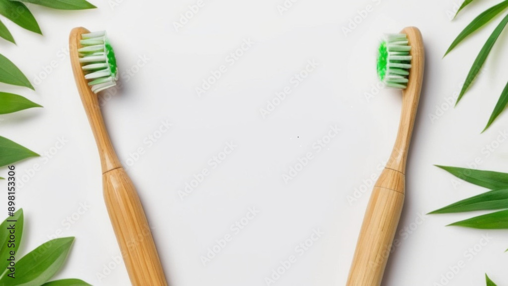 Two eco-friendly natural bamboo toothbrushes with green palm leaves on a white background. Ecological wooden tooth brush. Copy space. Two eco-friendly natural bamboo toothbrushes with green palm leaves on a white background. Ecological wooden tooth brush. Copy space.