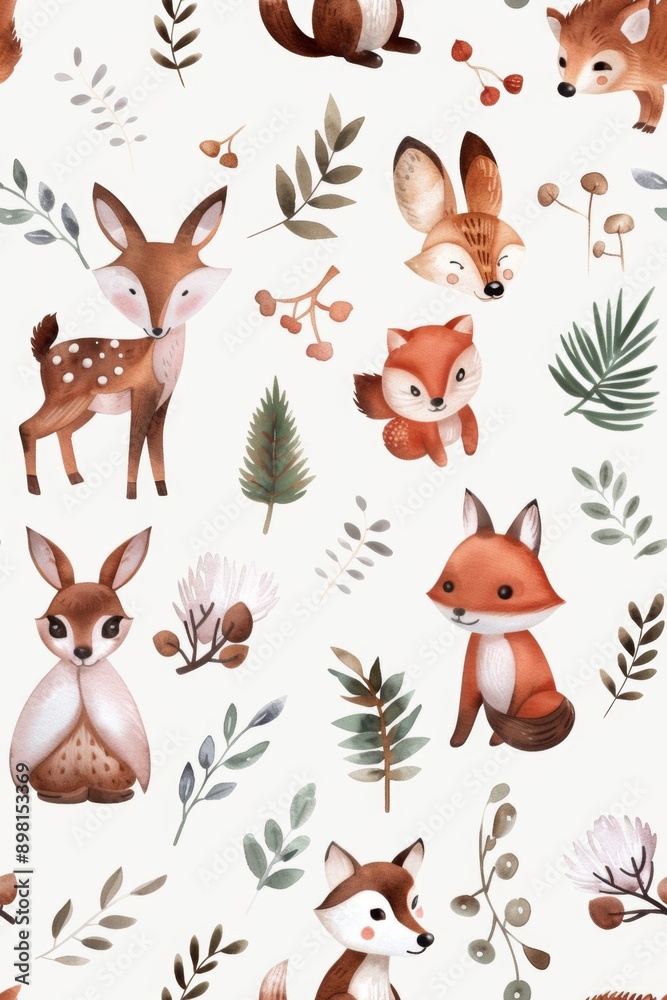Naklejka premium Forest animals and woodland creatures depicted in a seamless nature scene using watercolor style bring the charm of the forest to life.