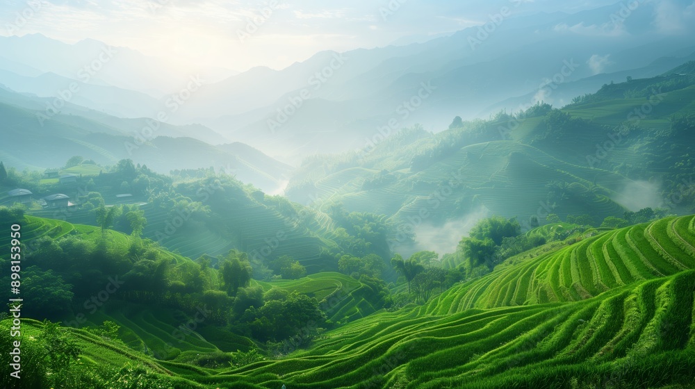 Naklejka premium A green terraced field in China