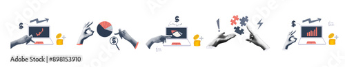 Halftone collage invest set with hand, laptop, puzzle. Growth finance business and marketing. Concept with halftone hand. Vector contemporary illustration