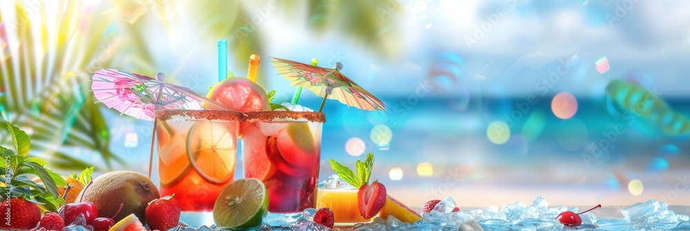 Refreshing cocktails adorned with vibrant fruits and umbrellas rest on a beach with an ocean backdrop. Generative AI Refreshing cocktails adorned with vibrant fruits and umbrellas rest on a beach with an ocean backdrop. Generative AI
