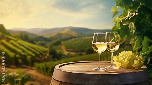 Glass of white wine on a barrel in the countryside.