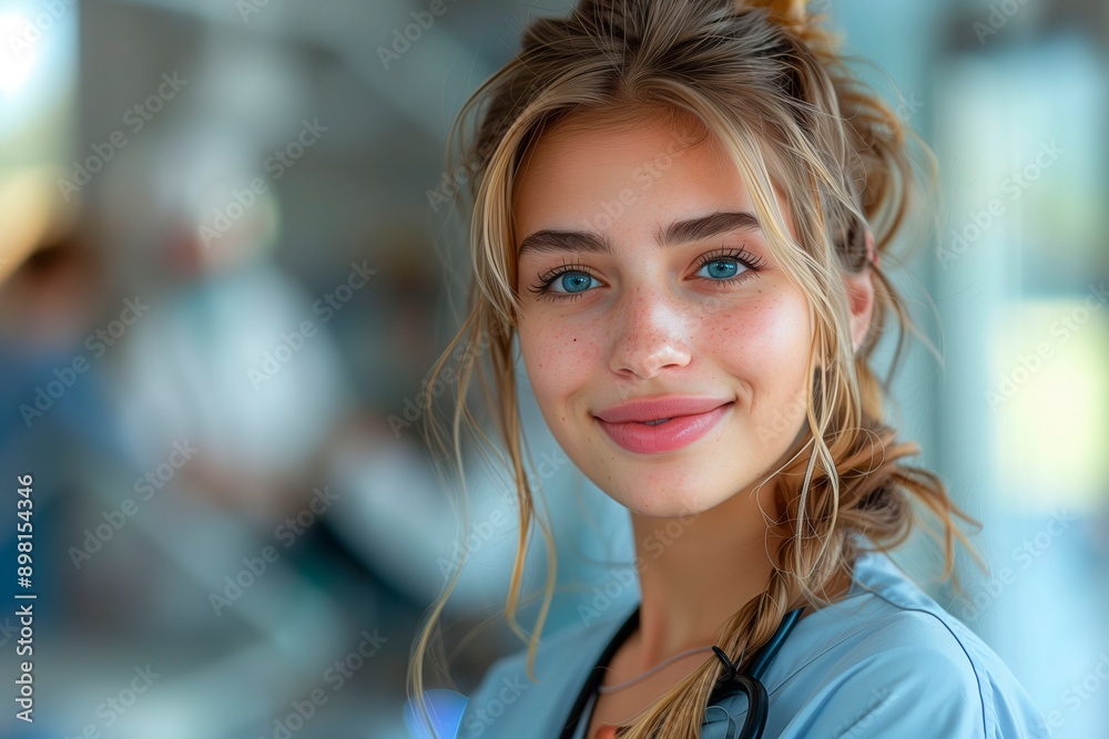 Smiling Blonde Nurse Wearing Blue Scrubs in Hospital Smiling Blonde Nurse Wearing Blue Scrubs in Hospital