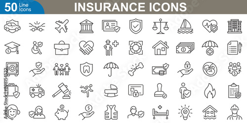 Insurance icons set vector illustration. Health insurance, car, home, life, travel, business, pet, dental, repair, and retirement insurance.