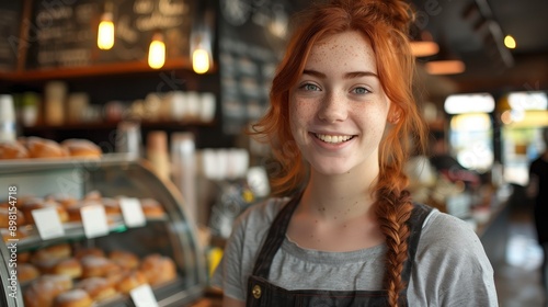 A waitress in overalls smiles for the camera in a coffee shop