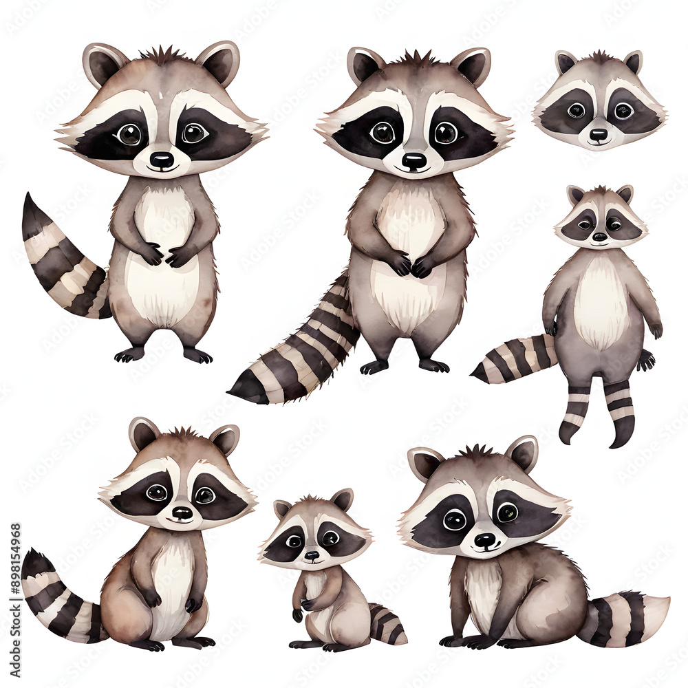 Watercolor painting of a raccoon on a white background