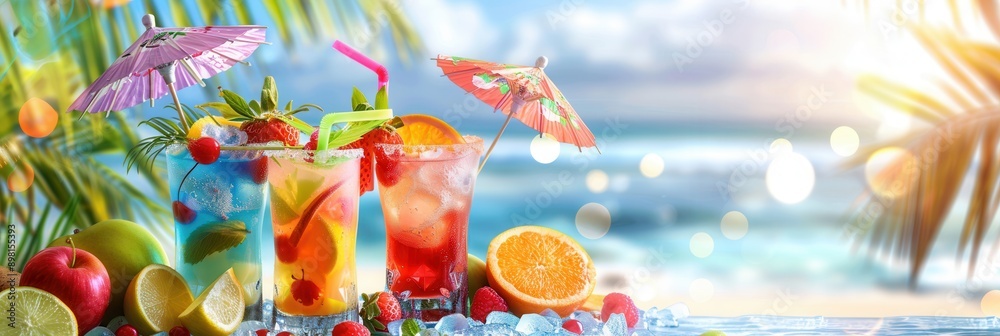 Three colorful cocktails garnished with fruit and miniature umbrellas, sitting on a beach with a blurred ocean in the background. Generative AI Three colorful cocktails garnished with fruit and miniature umbrellas, sitting on a beach with a blurred ocean in the background. Generative AI