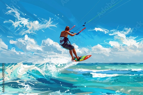 A kitesurfer catching air above turquoise waters on a sunny day