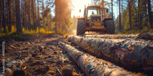 A closeup of logs lying on a dirt path in a forest with a tractor in the background