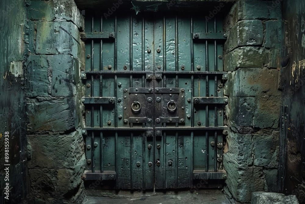 Steel-clad Prison doors. Lock stone cage.