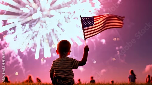 Young Boy Holds American Flag During Fireworks Display at Night