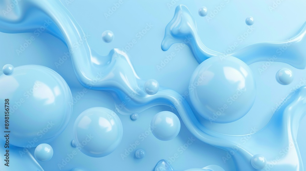 Abstract blue spheres and wavy liquid forms on a light blue background Abstract blue spheres and wavy liquid forms on a light blue background