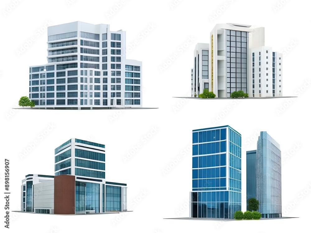 Different styles of modern buildings isolated on white background, high rise buildings. Different styles of modern buildings isolated on white background, high rise buildings.
