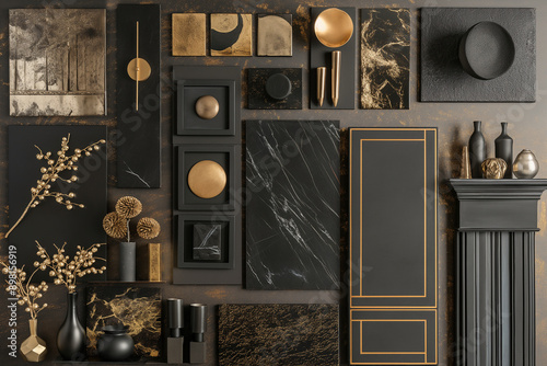 Interior design moodboard showing elegant black and gold style materials