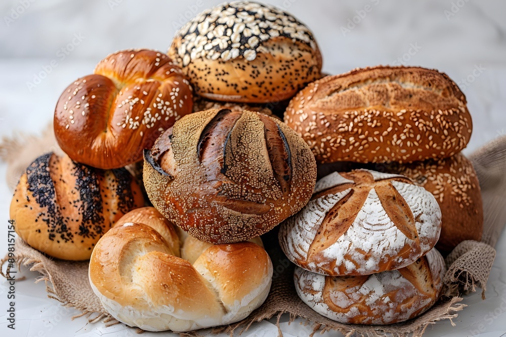 Assortment of Freshly Baked Artisan Bread Loaves and Rolls - Ideal for Bakery Marketing and Menu Design Assortment of Freshly Baked Artisan Bread Loaves and Rolls - Ideal for Bakery Marketing and Menu Design