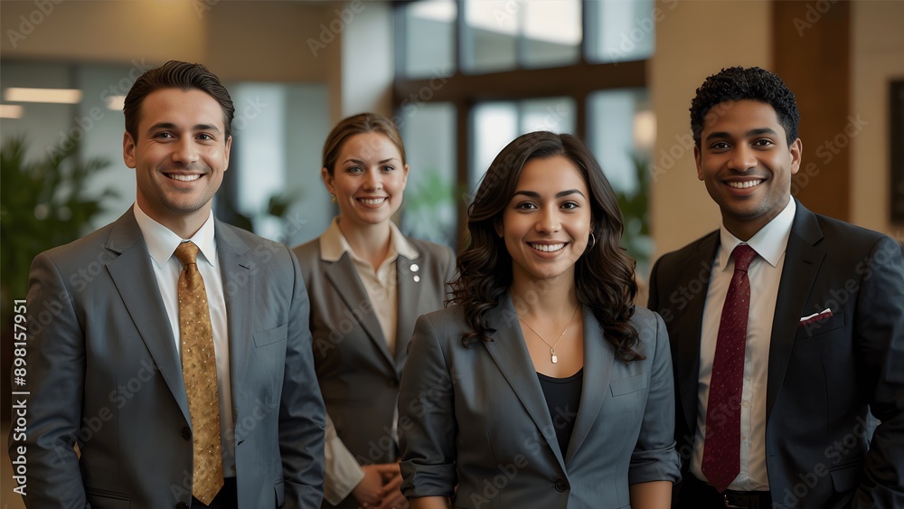 A group of four diverse professionals, two women and two men, stand in a bright office lobby and pose for a photo. All of the individuals are dressed in business casual attire, and they are smiling. A group of four diverse professionals, two women and two men, stand in a bright office lobby and pose for a photo. All of the individuals are dressed in business casual attire, and they are smiling.