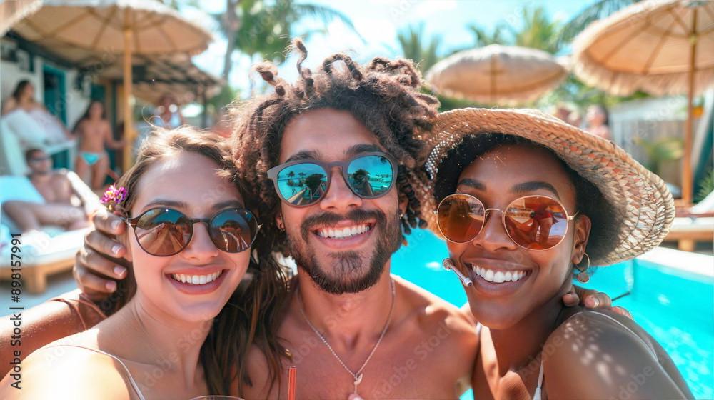 Three friends smiling and posing for a selfie near a pool