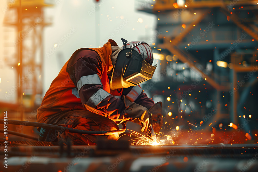 Welder in work clothes and protective mask working on oil rig, close-up