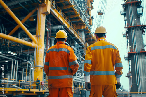 Two engineers inspect large structure, copy space