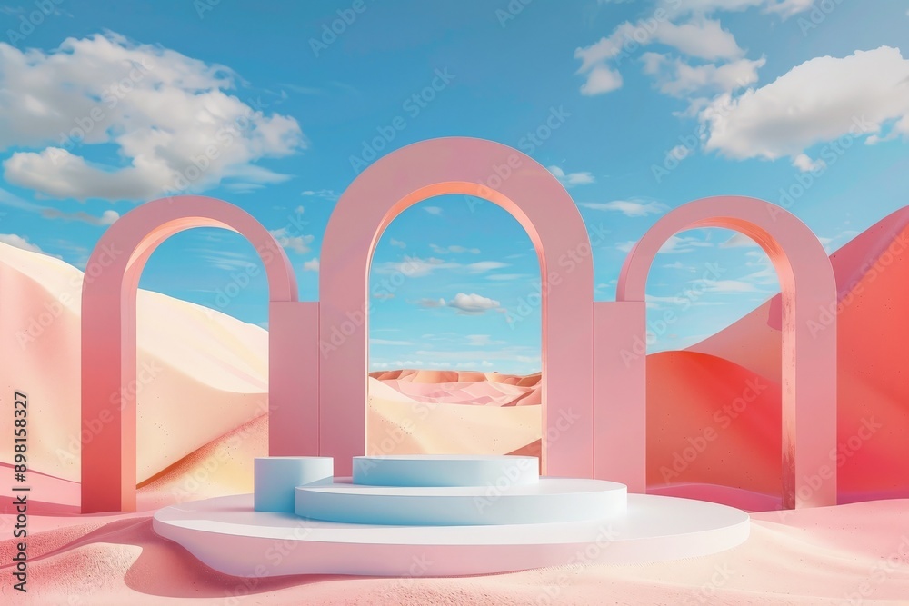 Three arches, in shades ranging from peach to pink, stand in a pastel desert with rolling sand dunes, under a clear blue sky dotted with a few clouds. Three arches, in shades ranging from peach to pink, stand in a pastel desert with rolling sand dunes, under a clear blue sky dotted with a few clouds.