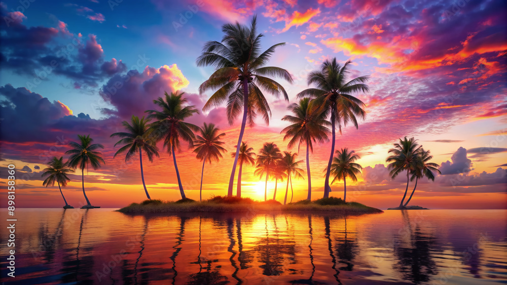 Island paradise concept featuring a stylized illustration of swaying palm trees silhouetted against a vibrant colorful sunset sky with subtle gradient effect. Island paradise concept featuring a stylized illustration of swaying palm trees silhouetted against a vibrant colorful sunset sky with subtle gradient effect.