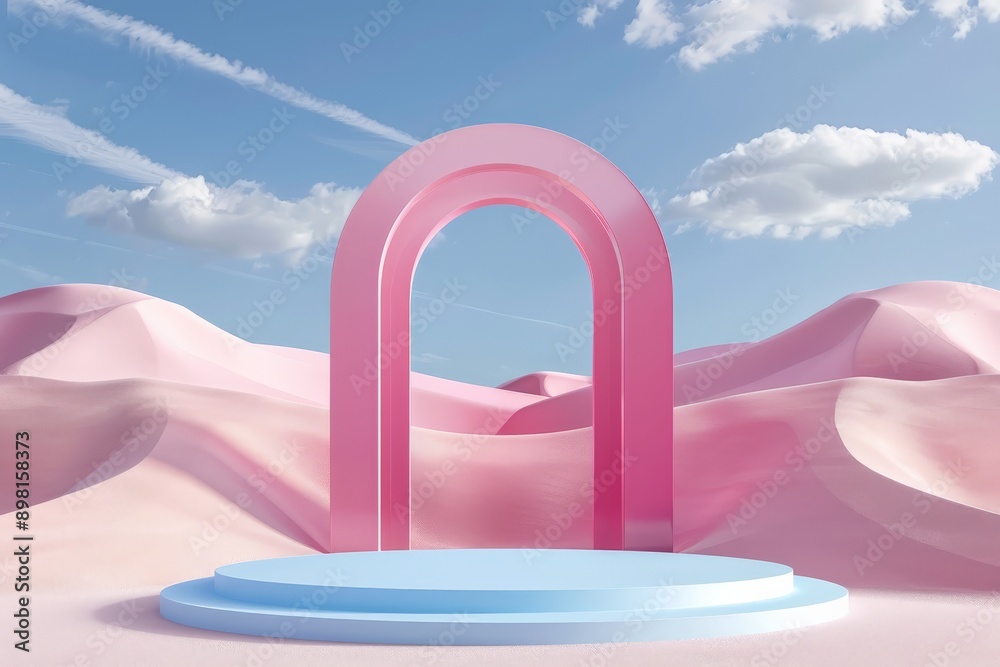An image of a large pink arch standing in a dreamy desert landscape with soft pink sand dunes, against a blue sky dotted with clouds.