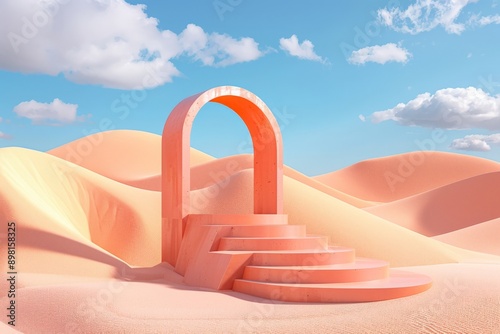 A solitary pastel arch with ascending steps spreads across a desert filled with soft peachy pink dunes under a clear blue sky, evoking solitude and modern artistic expression. photo