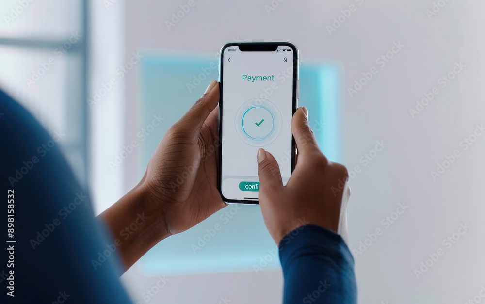 Person holding an phone with the app open Payment secure display. Person holding an phone with the app open Payment secure display.