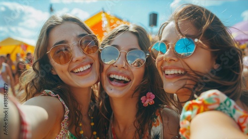 Three young women wearing sunglasses and smiling happily at a music festival