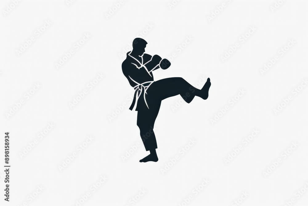 A karate practitioner in a dynamic pose, executing a side kick with precision and control, depicted in a clean black and white silhouette style image. A karate practitioner in a dynamic pose, executing a side kick with precision and control, depicted in a clean black and white silhouette style image.