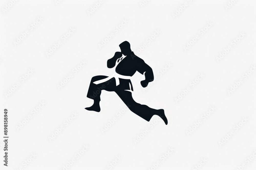 A martial artist showcased in a low stance, preparing for an attack or defensive move, illustrated in a sleek black and white silhouette capturing movement and intensity.