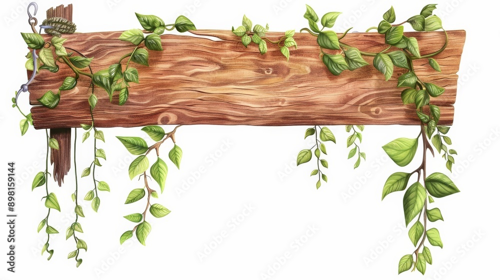 Obraz premium A beautifully illustrated wooden signpost with lively green leaves and foliage trailing around, creating an inviting, natural and eco-friendly atmosphere.