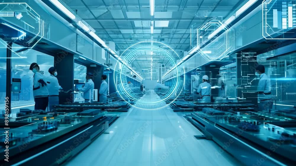 Workers in a Modern Factory Setting With Futuristic Holographic Displays