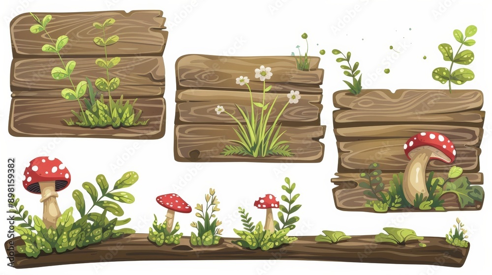 A collection of wooden boards accented with red mushrooms and small plants, capturing the essence of forest life and presenting a whimsical and rustic aesthetic. A collection of wooden boards accented with red mushrooms and small plants, capturing the essence of forest life and presenting a whimsical and rustic aesthetic.