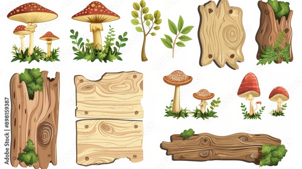 A diverse array of forest-themed elements including mushrooms, wood planks, and tree trunks, perfect for representing woodland or nature-inspired themes and projects.