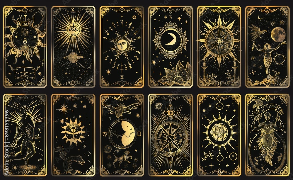A set of esoteric alchemical magic templates for tarot cards, banners, leaflets, posters, brochures, stickers. Esoteric linear engravings with astrological symbols. A set of esoteric alchemical magic templates for tarot cards, banners, leaflets, posters, brochures, stickers. Esoteric linear engravings with astrological symbols.
