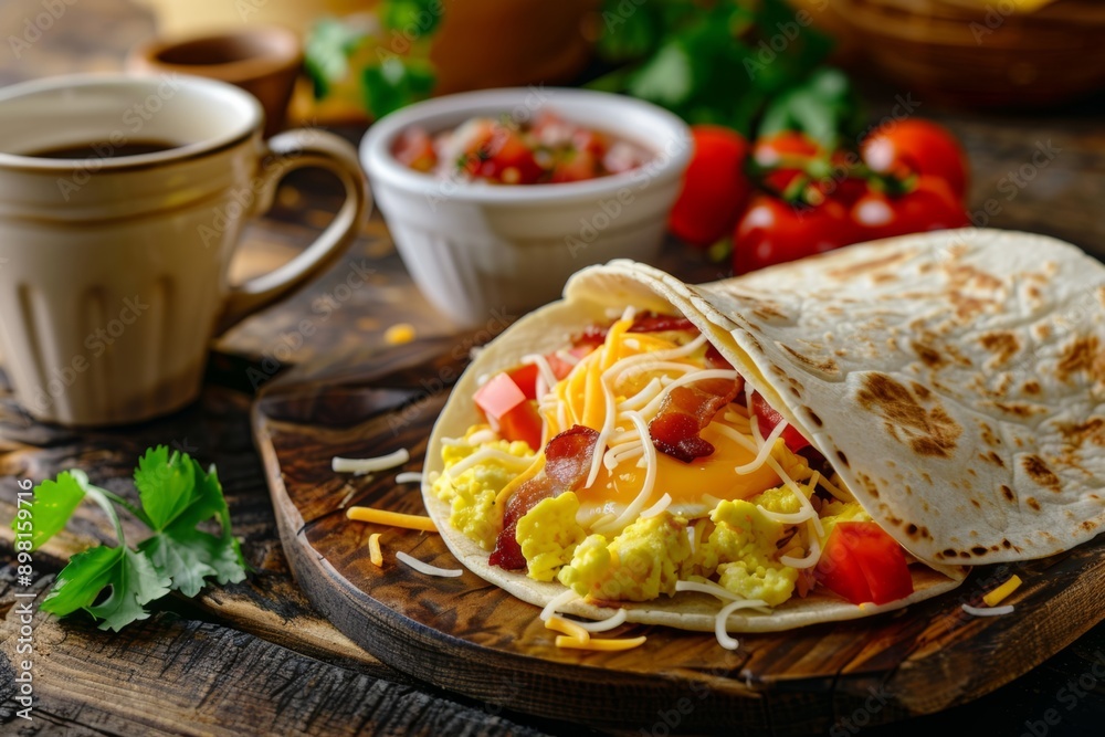A breakfast taco with scramble egg A breakfast taco with scramble egg