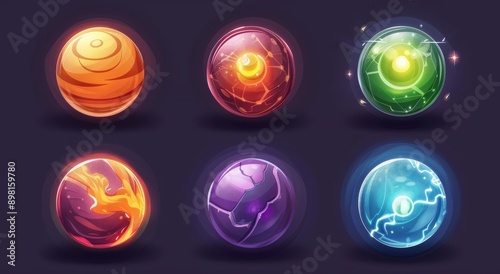 Spheres with mystic glow, lightning and sparks. A modern cartoon set of glowing orbs surrounded by light effects.