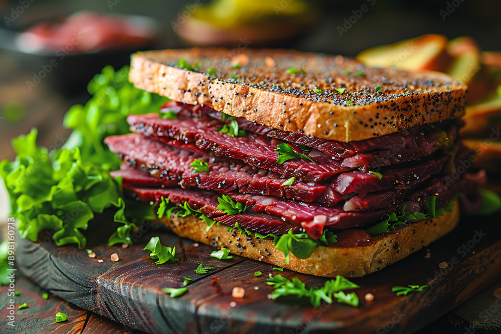 A close-up of a steak sandwich with grilled bread, arugula, and medium-rare steak slices. A close-up of a steak sandwich with grilled bread, arugula, and medium-rare steak slices.