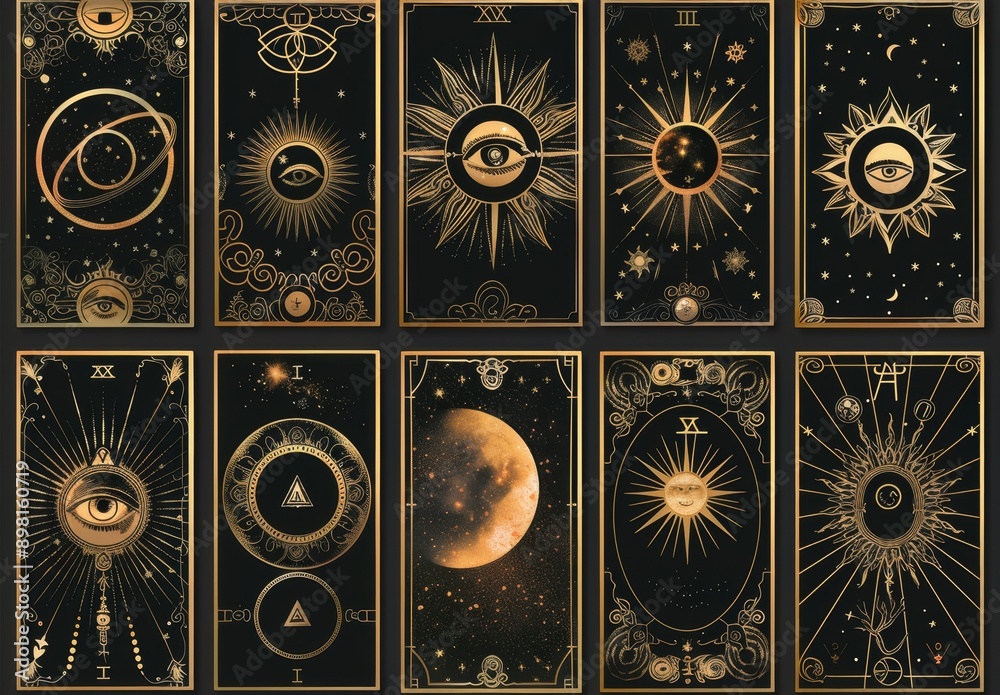 A close-up of tarot cards with intricate esoteric patterns on their reverse sides, symbolizing hidden meanings and deeper interpretations.
