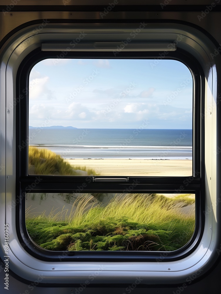 Train window view of sandy beach with people enjoying day under clear blue sky. Scenic coastal landscape with grassy shore and distant sea horizon. Perfect for travel agency and tour promotional use. Train window view of sandy beach with people enjoying day under clear blue sky. Scenic coastal landscape with grassy shore and distant sea horizon. Perfect for travel agency and tour promotional use.